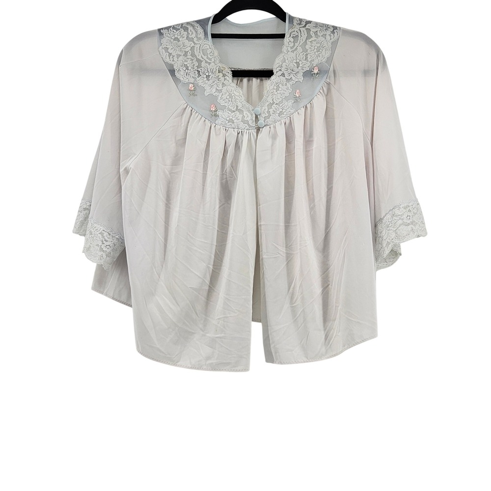 Vintage Shadowline Lace Trim Bed Jacket Floral Embroidery Medium Bridal Coquette